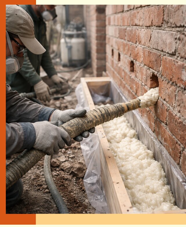 Заливка ППУ в пустоты кирпичной стены в Узловой