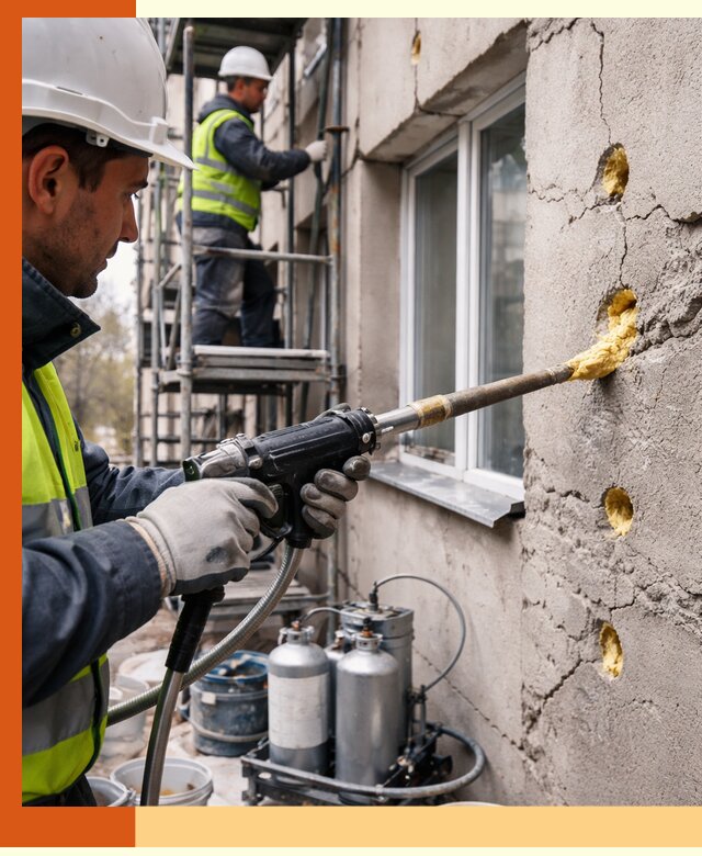 Заполнение пустот в фасаде и утепление стен в Узловой